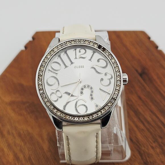 Guess Women's Crystal Halo Silver Tone Watch Whimsical Numbers Cream Band - Picture 1 of 8